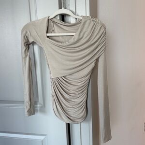 Bayse Cream Ruched Asymmetrical Long Sleeve Blouse